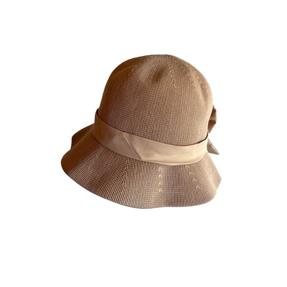 Tan Bucket Hat ‎ Bow & Rhinestone "H" Detail Knit Design Neutral Tone One Size - Picture 4 of 5